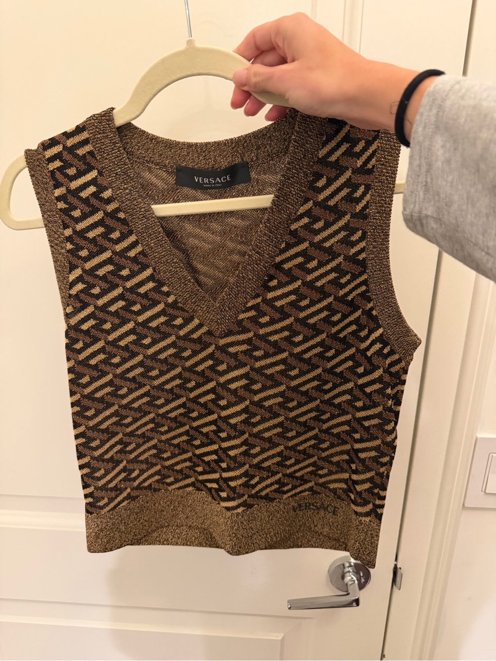Versace Brown & Tan Geometric V‑Neck Sweater Vest - Picture 1 of 3